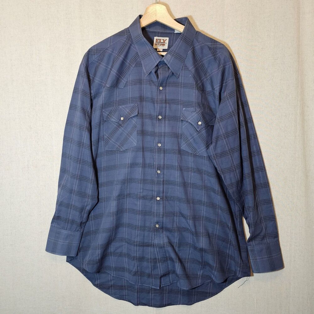 Vintage 1990’s ELY Cattlemen Mens XXL Pearl Snap Western Shirt Dark Blue Plaid